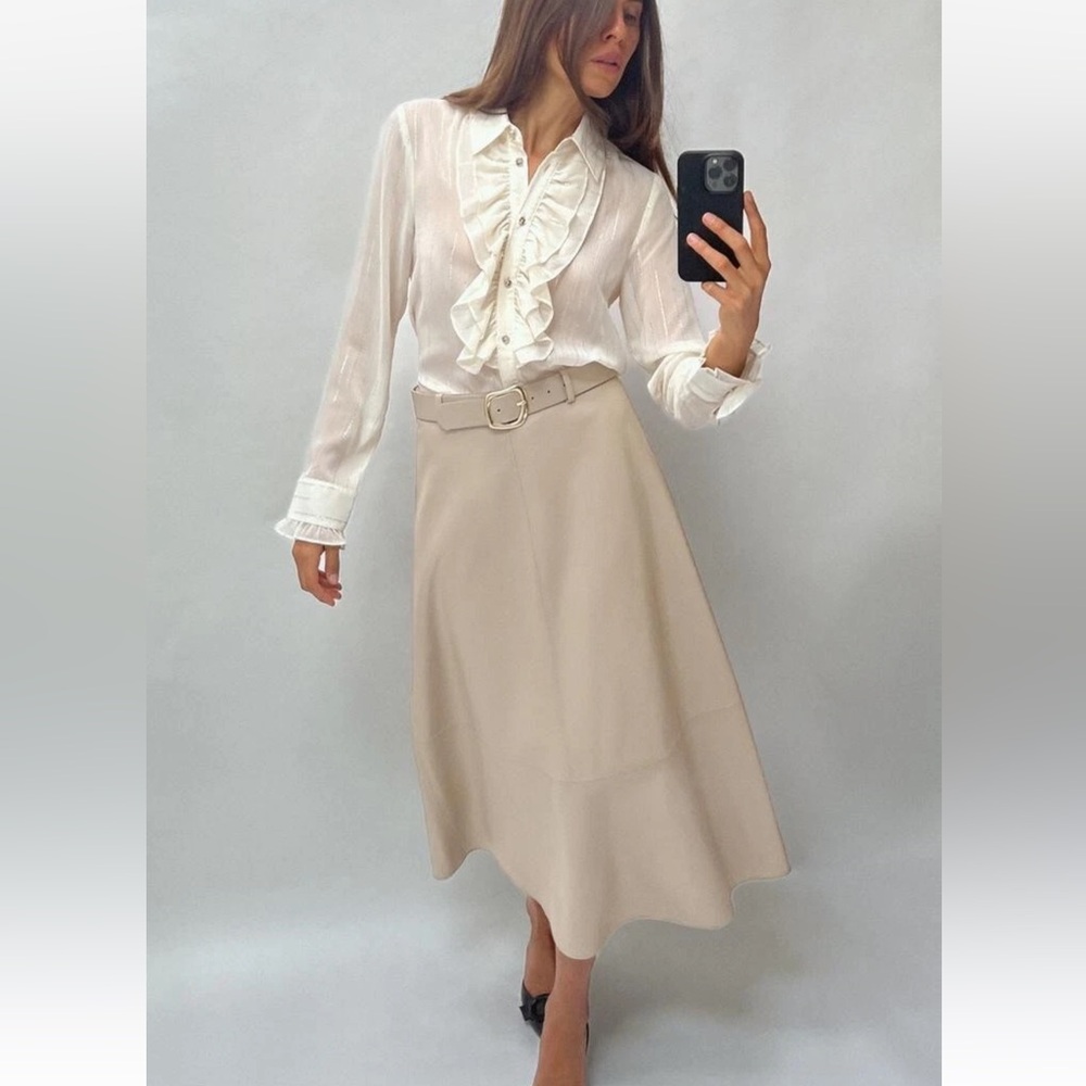 ZARA FAUX LEATHER MIDI SKIRT HIGH WAISTED FLARED SAND NO BELT!  8372/299 S NWT